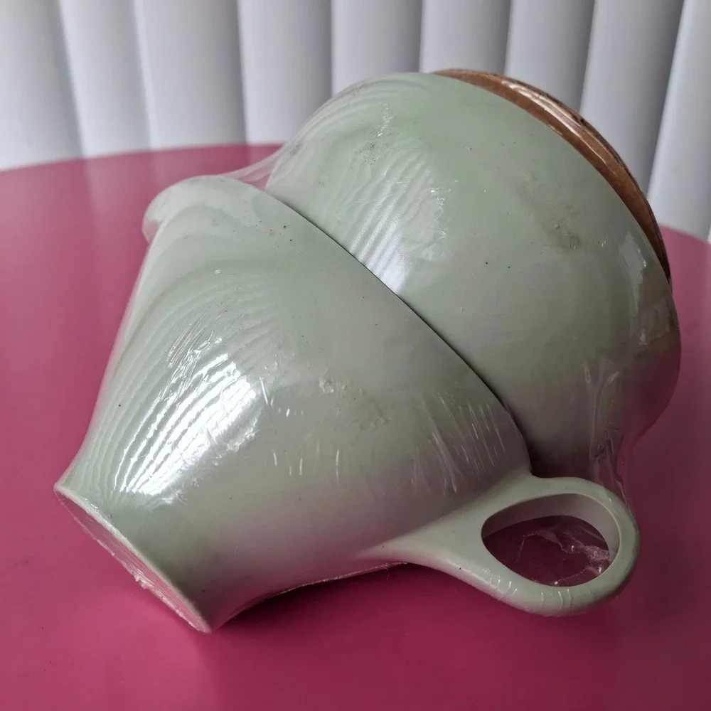 Vintage Boonton Melmac 3 Piece Sugar & Creamer Set Green White Lid MCM